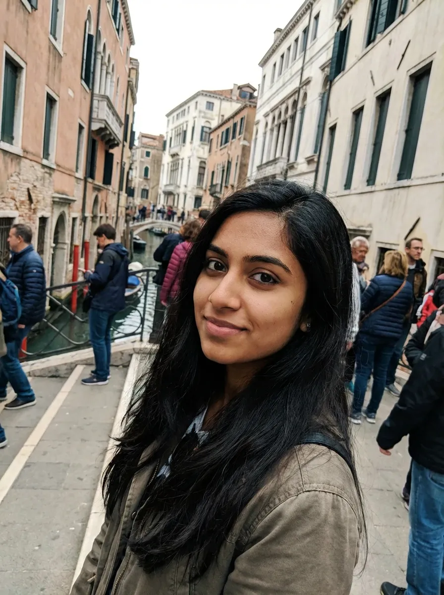 Original selfie input — woman in a light jacket on a street